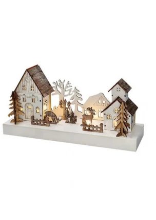 Solight LED vianočná dedinka, 34 x 17 cm, drevo, 4 LED, 2x AA